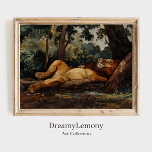 May include: A watercolor painting of a lion sleeping in a jungle setting. The lion is lying on its side with its head resting on a tree trunk. The lion is surrounded by lush green foliage.