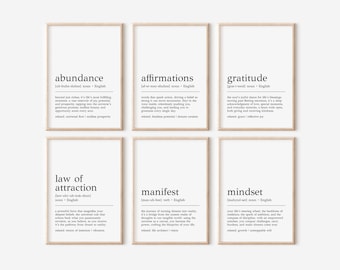 Può includere: Sei stampe minimaliste in bianco e nero stampabili per pareti con parole e definizioni motivazionali. Le parole sono abbondanza, affermazioni, gratitudine, legge di attrazione, manifestare e mentalità.