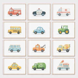 12枚の乗り物保育園プリント、車の印刷可能な装飾、乗り物プリント、男の子の保育園の装飾、保育園の壁の装飾、子供用乗り物の壁アートのセット