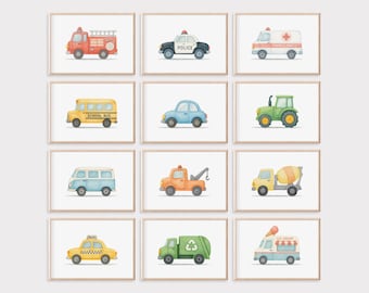 Láminas de vehículos para guardería: Juego de 12 impresiones de transporte (descarga digital)