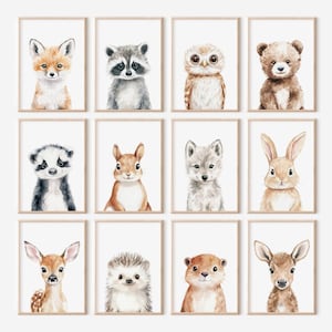 May include: A collection of twelve framed watercolor prints featuring various woodland animals. The animals include a fox, raccoon, owl, bear, badger, squirrel, wolf, rabbit, deer, hedgehog, otter, and another deer. Each print has a light brown frame.