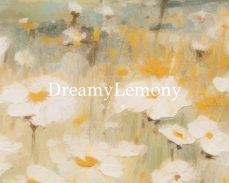 May include: A painting of a field of white daisies with yellow centers. The background is a soft, blurry mix of green, blue, and yellow.