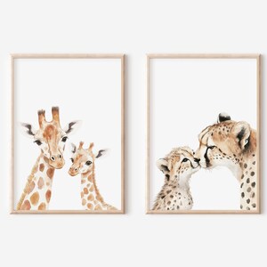 Mom and baby safari animals in a minimalist art style.