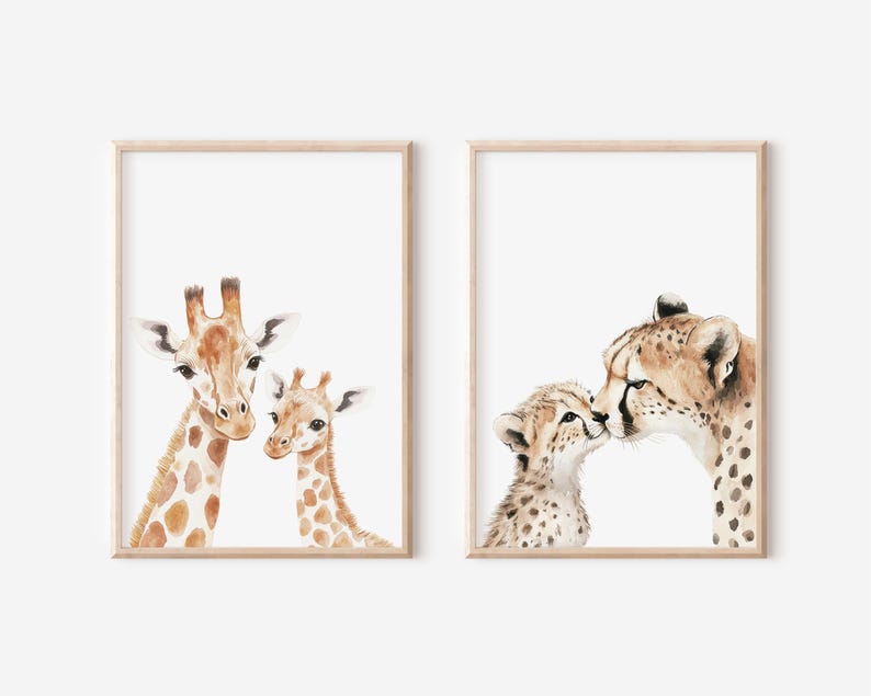 Mom and baby safari animals in a minimalist art style.