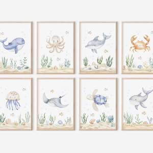 Unter dem Meer Poster | 8er-Set | Ozean Kinderzimmer Dekor | Unter dem Meer-Kinderzimmer-Thema | Spielzimmer Wandkunst | Meerestiere Drucke