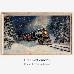 May include: A vintage-style painting of a steam train traveling through a snowy forest at night. The train is lit up with warm yellow lights, and the snow is falling softly around it. The painting is framed in a light wood frame.