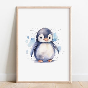 Arte mural de pingüino bebé / Impresión digital / Impresión de pingüino en acuarela / Decoración de guardería ártica / Arte mural de guardería / Impresión de animales árticos