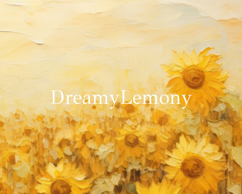 May include: A painting of a field of sunflowers in various shades of yellow. The sunflowers are in focus, while the background is a soft, blurry yellow.