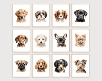 May include: A set of 10 printable dog portraits. Each portrait features a different breed of dog, including a Golden Retriever, Shih Tzu, Cavalier King Charles Spaniel, Labrador Retriever, Dachshund, Bichon Frise, French Bulldog, Pomeranian, Pug, Cocker Spaniel, Bernese Mountain Dog, and Yorkshire Terrier. The portraits are all in a watercolor style and are perfect for dog lovers.