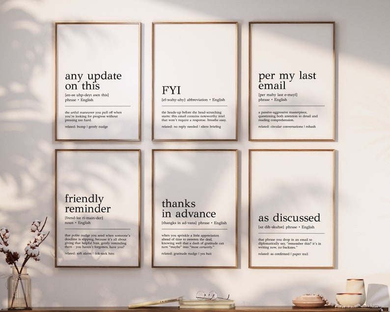 May include: Six printable wall art prints with black text on a white background. Each print features a common office phrase defined as a noun or verb. The phrases are "any update on this", "FYI", "per my last email", "friendly reminder", "thanks in advance", and "as discussed".