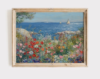 Mediterranean Seascape Painting: Wildflower Coastal Art (Digital Download)