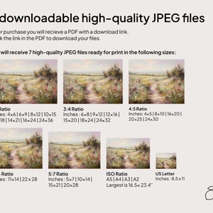 May include: A digital download of 7 high-quality JPEG files of a painting of a path through a field of wildflowers. The image shows the different sizes available for printing, including 4x6 inches, 6x9 inches, 8x12 inches, 10x15 inches, 12x18 inches, 14x21 inches, 16x24 inches, 24x36 inches, 6x8 inches, 9x12 inches, 12x16 inches, 15x20 inches, 18x24 inches, 24x32 inches, 4x5 inches, 8x10 inches, 16x20 inches, 20x25 inches, 24x30 inches, 11x14 inches, 22x28 inches, 5x7 inches, 10x14 inches, 15x21 inches, 20x28 inches, and 8.5x11 inches.