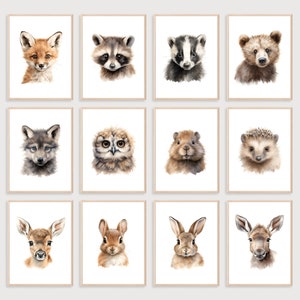 Juego de 12 impresiones de animales del bosque, decoración de guardería con temática de bosque, arte de pared de animales para bebés, impresión de guardería con temática de bosque, juego de impresiones de animales, arte para habitación de niños