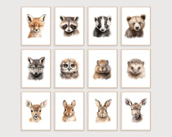 Láminas de animales del bosque para habitación infantil: Juego de 12, decoración infantil (descarga digital)