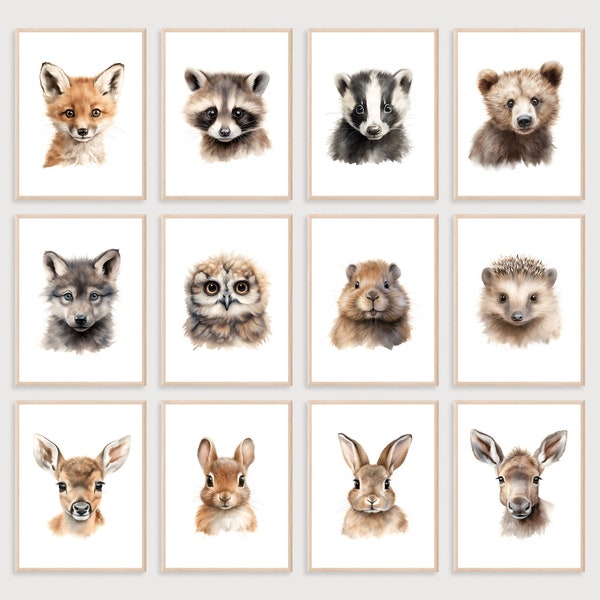 Woodland Animals Set | Set of 12 Prints | Woodland Animal Prints | Digital Print | Woodland Nursery Decor | Woodland Nursery Wall Art