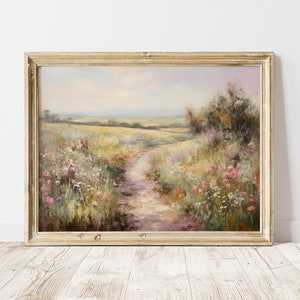 May include: A painting of a winding dirt path through a field of wildflowers. The path leads to a distant horizon with a blue sky and fluffy clouds. The flowers are in shades of pink, white, and yellow.
