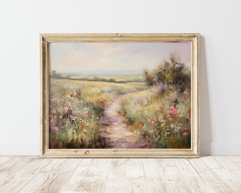 May include: A painting of a winding dirt path through a field of wildflowers. The path leads to a distant horizon with a blue sky and fluffy clouds. The flowers are in shades of pink, white, and yellow.