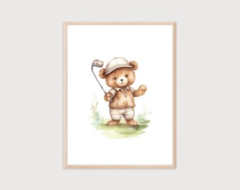 Arte infantil de osito de golf / Golf para bebés / Impresión digital / Decoración de pared de golf / Impresión de golf linda / Decoración infantil / Impresión de osito de golf para guardería