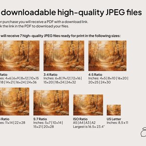 May include: A digital download of 7 high-quality JPEG files of a painting of a path through a forest in autumn. The image shows the different sizes available for printing, including 2:3, 3:4, 4:5, 5:7, 11:14, ISO, and US Letter.