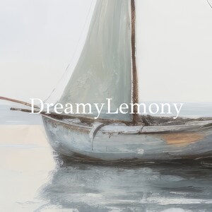 May include: A painting of a sailboat on a calm, light blue body of water. The sailboat is a light blue colour with a white sail. The water is calm and reflects the sky.