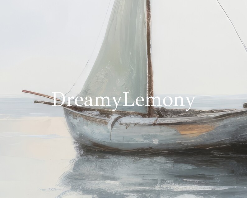 May include: A painting of a sailboat on a calm, light blue body of water. The sailboat is a light blue colour with a white sail. The water is calm and reflects the sky.