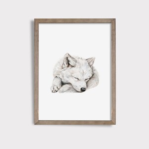 May include: A framed watercolor painting of a white wolf curled up asleep. The wolf has a soft, fluffy coat and is painted in a realistic style.