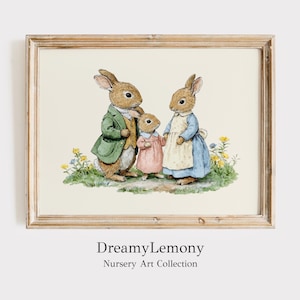Print konijn familie, kunst konijn kinderkamer, decor meisjes kinderkamer, kunst aan de muur kinderkamer, babyshower cadeau, kunst boerderij kinderkamer, kunst kinderkamer konijn, kunst kinderkamer konijn