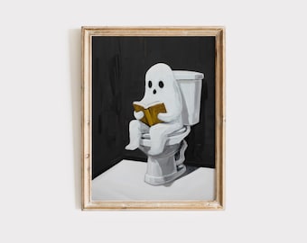Ghost on Toilet Print: Spooky Halloween Bathroom Art (Digital Download)
