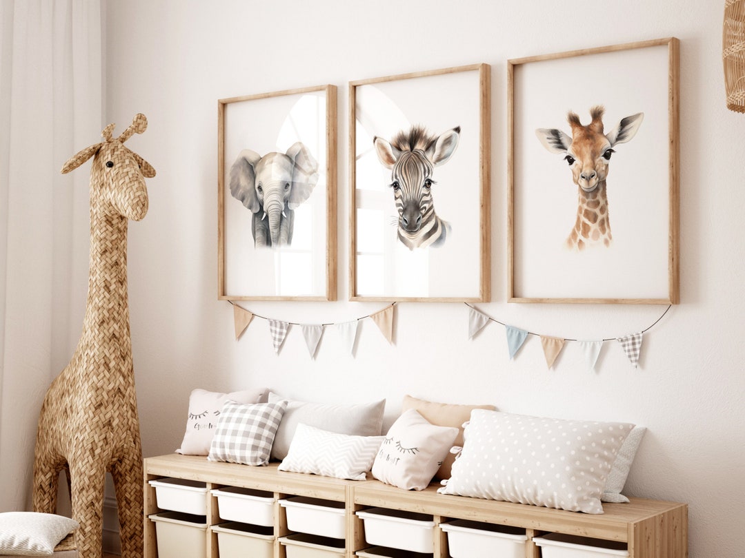 Safari Animal Nursery Prints: Elephant, Zebra, Giraffe (set of