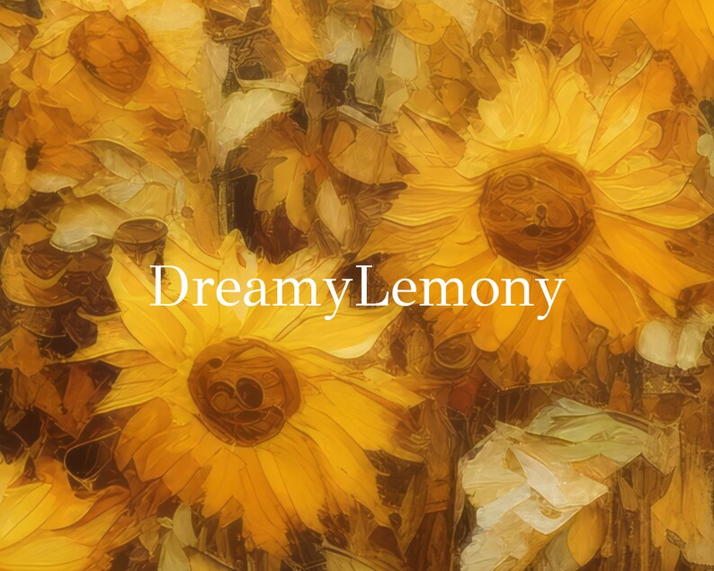 May include: A close-up of a painting of sunflowers in shades of yellow and brown. The sunflowers are in various stages of bloom, with some fully open and others still in bud. The painting has a dreamy, lemony feel.