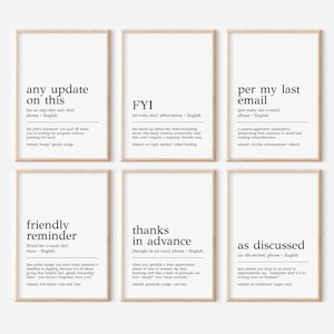 May include: Six printable wall art prints with black text on a white background. Each print features a common office phrase defined as a noun or phrase with an example of how it is used and a related term. The phrases are "any update on this", "FYI", "per my last email", "friendly reminder", "thanks in advance", and "as discussed".