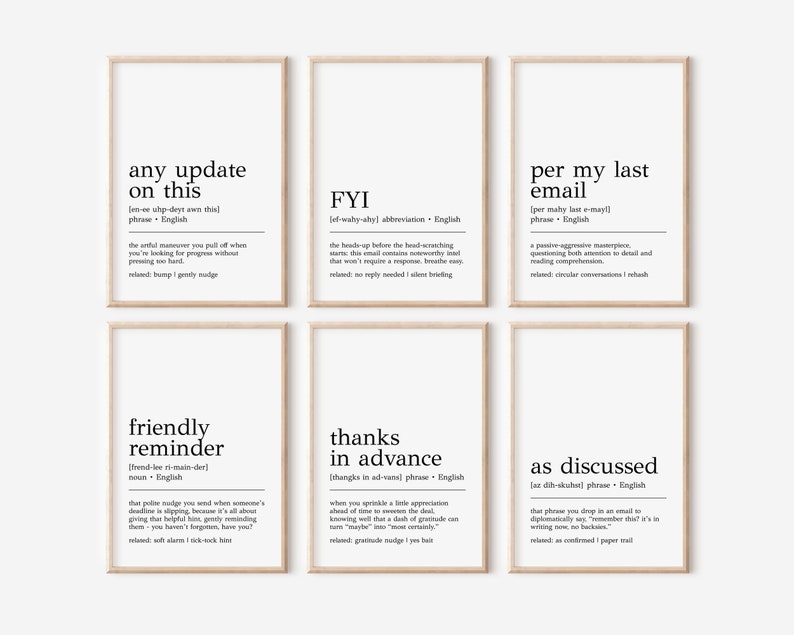 May include: Six printable wall art prints with black text on a white background. Each print features a common office phrase defined as a noun or phrase with an example of how it is used and a related term. The phrases are "any update on this", "FYI", "per my last email", "friendly reminder", "thanks in advance", and "as discussed".