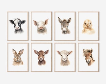 Farm Animal Prints Set: Barnyard Nursery Decor (Set of 8) (Digital Download)