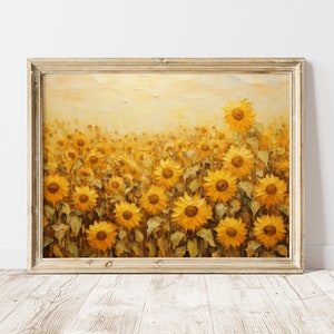 May include: A painting of a field of sunflowers in various shades of yellow. The sunflowers are in full bloom and are surrounded by green leaves. The background is a soft, hazy yellow.