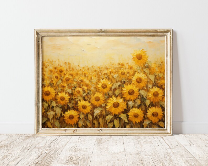 May include: A painting of a field of sunflowers in various shades of yellow. The sunflowers are in full bloom and are surrounded by green leaves. The background is a soft, hazy yellow.