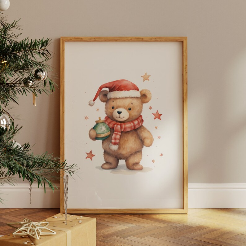 Teddy Bear Christmas Prints Set of 6 Christmas Nursery Decor Kids Room