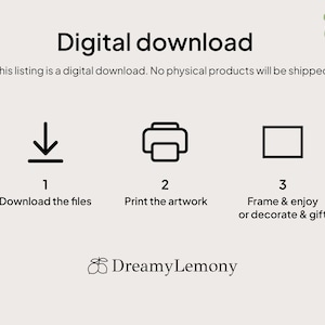 May include: Digital download instructions with icons for downloading, printing, and framing artwork. The text reads "Digital download. This listing is a digital download. No physical products will be shipped. 1. Download the files 2. Print the artwork 3. Frame & enjoy or decorate & gift DreamyLemony"