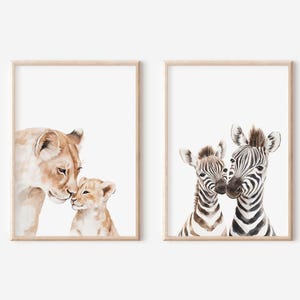 Safari wall art set showcasing watercolor animal designs.