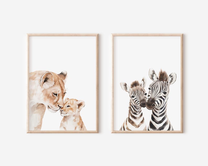 Safari wall art set showcasing watercolor animal designs.