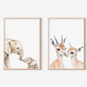 Safari-themed nursery wall art in soft, neutral tones.