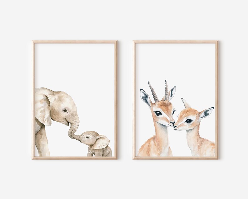 Safari-themed nursery wall art in soft, neutral tones.