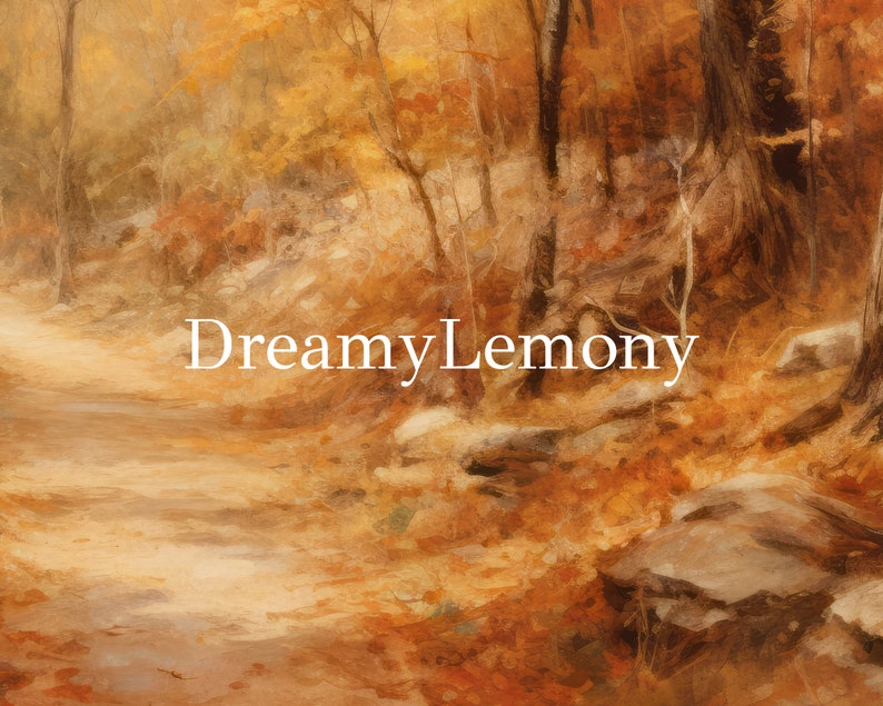 May include: A painting of a forest path in autumn with golden leaves and a dreamy, hazy atmosphere.