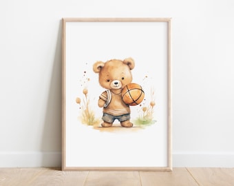 Teddy Bear Basketball Nursery Print: Sports Baby Room Decor (Digital Download)