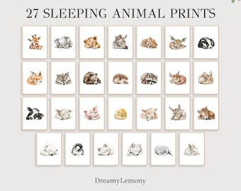 May include: Set of 27 watercolor illustrations of sleeping animals. Each animal is depicted in a simple, minimalist style with soft colors. The animals include a giraffe, elephant, lion, zebra, deer, badger, fox, wolf, bear, hedgehog, raccoon, chick, pig, lamb, donkey, and more.