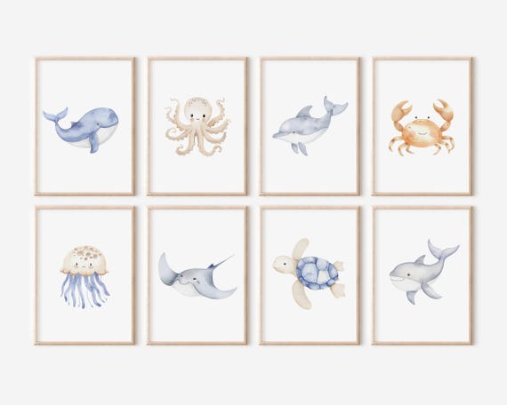 Ocean Animal Nursery Prints: Sea Creature Art Set (Set of 8) (Digital Download)