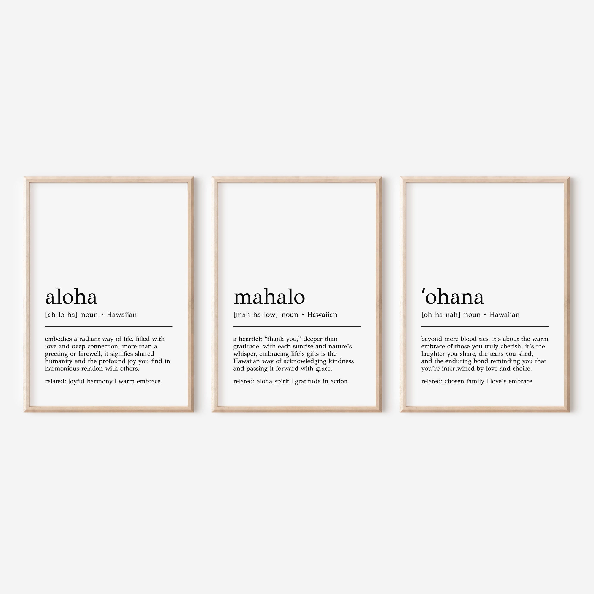 Hawaiian Definition Prints: Aloha, Mahalo, Ohana (set of 3