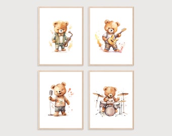 Muziek kwekerij afdrukken | Kinderkamer kunst aan de muur | Teddybeerafdruk | Digitale afdruk | Muziek kinderkamer decor | Kwekerij Baby Muziek Print | Set van 4 afdrukken