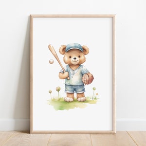 Teddy Bear Baseball Nursery Print: Sports Wall Art (Digital Art)