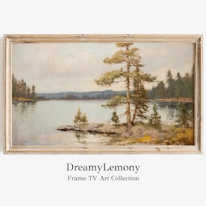 Lake Landscape Frame TV Art: Rustic Pine Tree Painting (Digital Download)