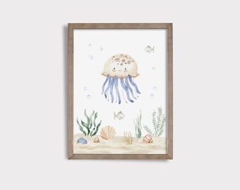 Impressão de berçário de água-viva | Impressão subaquática | Impressão de criatura marinha | Impressão fofa de animal marinho | Arte de parede para berçário de vida marinha | Arte subaquática